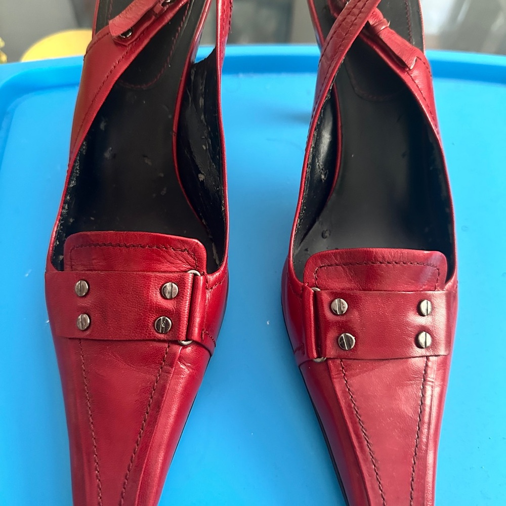 Nine West Red Mule Pumps with Pointed Toe and Metal Studs